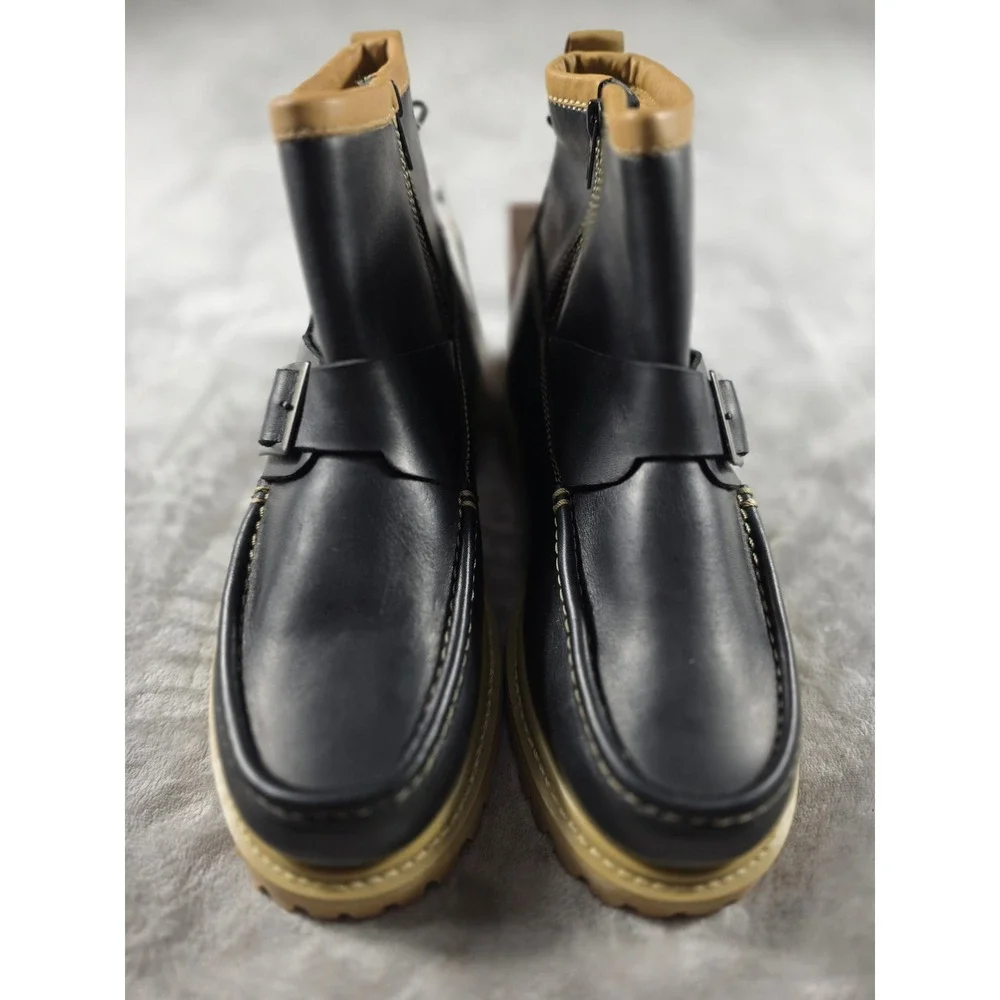 Lucky Brand Boots Men 9 Black Leather Moc Toe Monk Strap Lug Sole Factory Sample